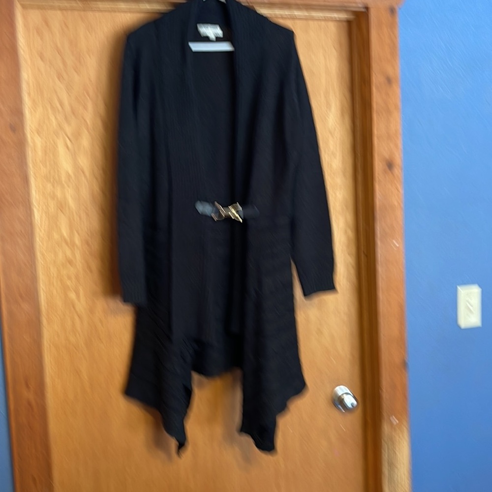 Divine Heart black long buckle up sweater in size Large.